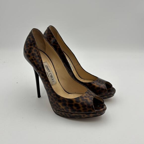 Jimmy Choo Cheetah Print Patent Leather Peep Toe Pumps Women's 37.5 - Picture 1 of 13